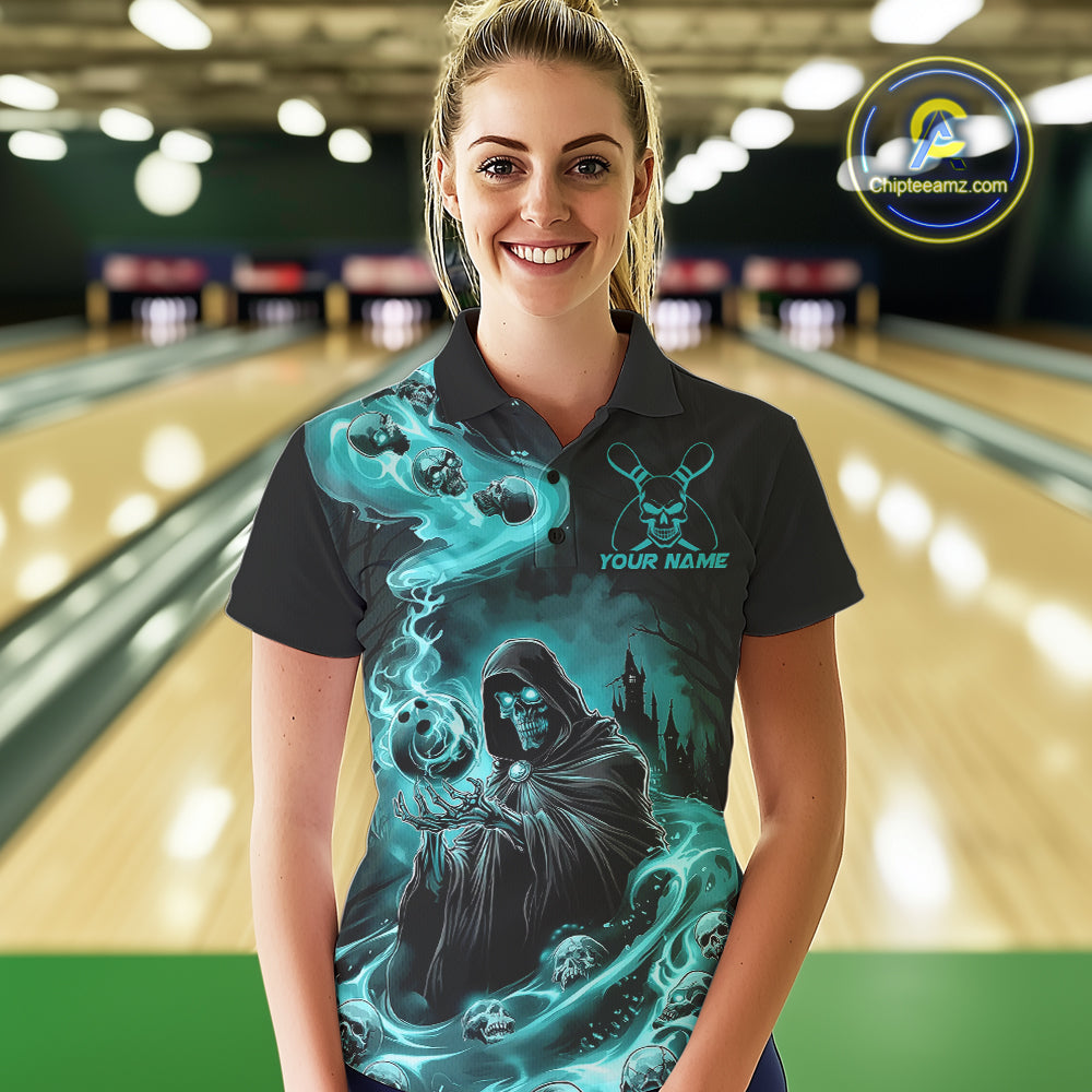 Custom Grim Reaper Bowling Polo Shirts For Women, Teal Blue Flame Skull Halloween Design IPHW9082