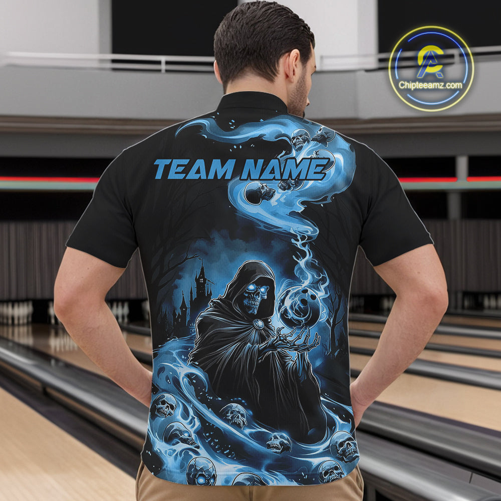 Custom Grim Reaper Bowling Quarter-Zip Shirts For Men, Mid Blue Flame Skull Halloween Design IPHW9083