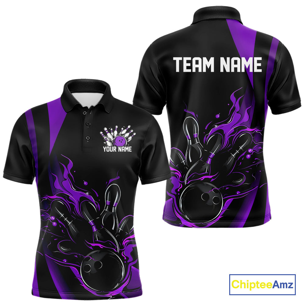 Custom Purple Flame Bowling Polo Shirts For Men, Striking Fire Jerseys Team Uniform IPHW9087