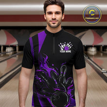 Load image into Gallery viewer, Custom Purple Flame Bowling Quarter-Zip Shirts For Men, Striking Fire Jerseys Team Uniform IPHW9087