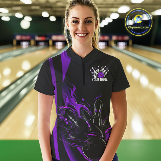 Custom Purple Flame Bowling Women Quarter-Zip Shirts, Striking Fire Jerseys Team Uniform IPHW9087