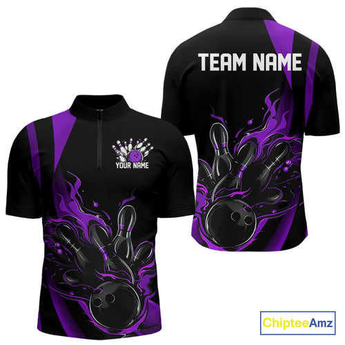 Custom Purple Flame Bowling Quarter-Zip Shirts For Men, Striking Fire Jerseys Team Uniform IPHW9087