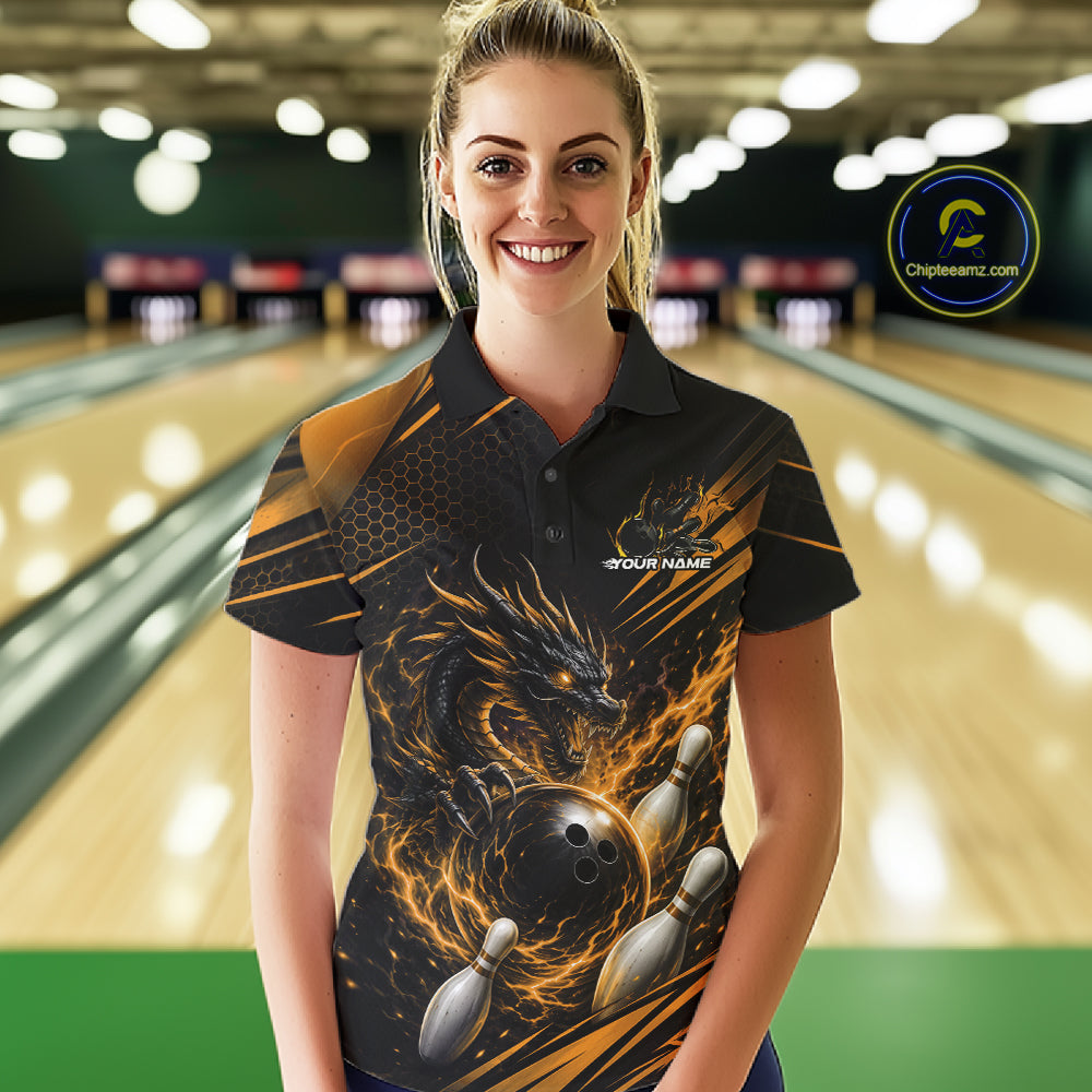 Custom Black And Yellow Flame Dragon Bowling Jersey, Dragon Bowling Women Polo Shirt IPHW11835