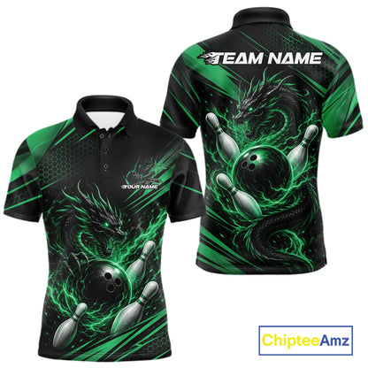 Custom Black And Green Flame Dragon Bowling Jersey, Dragon Bowling Men Polo Shirt IPHW11836