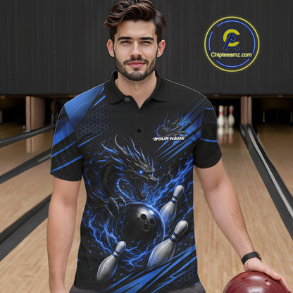Custom Black And Blue Flame Dragon Bowling Jersey, Dragon Bowling Men Polo Shirt IPHW11837