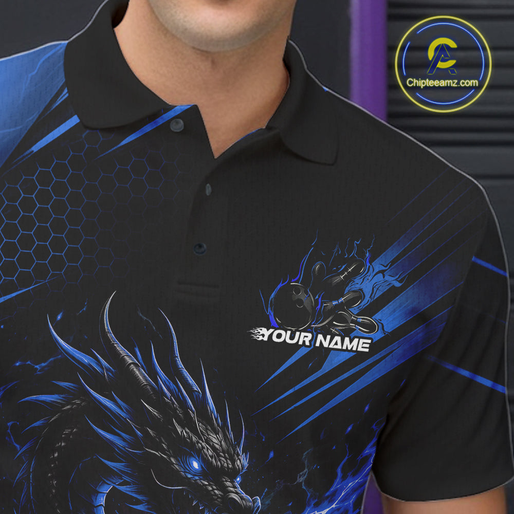 Custom Black And Blue Flame Dragon Bowling Jersey, Dragon Bowling Men Polo Shirt IPHW11837