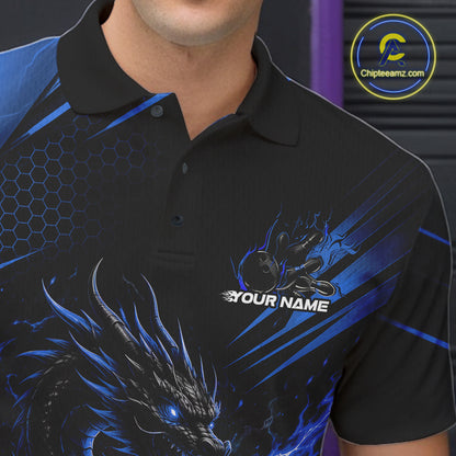 Custom Black And Blue Flame Dragon Bowling Jersey, Dragon Bowling Men Polo Shirt IPHW11837