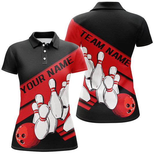Black And Red Custom Bowling Shirts For Women, Bowling League Shirt Bowling Team Uniform IPHW7919