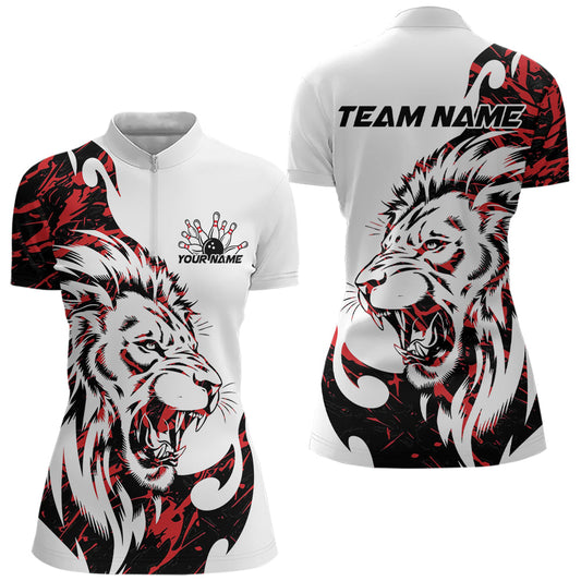 Custom Red Camo Lion Bowling Team Quarter-Zip Shirts For Women, Lion Bowling League Shirt IPHW8855