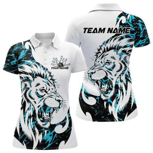Custom Blue Camo Lion Bowling Team Polo Shirts For Women, Lion Bowling League Shirt IPHW8856
