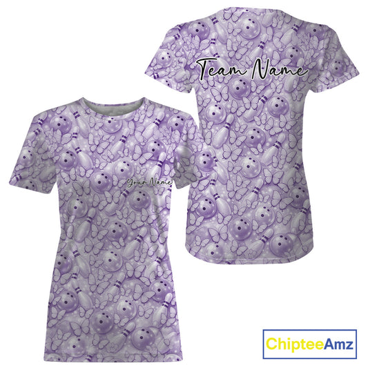 Custom Blue Butterfly Bowling Women T-Shirts, Ladies Bowlers Outfit IPHW10932