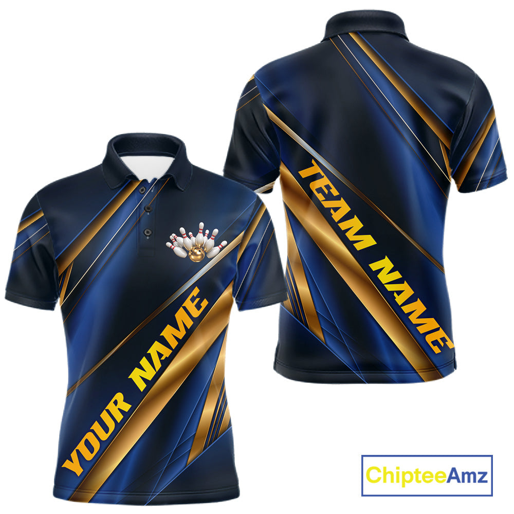 Custom Blue And Gold Stripes Men Bowling Polo Shirt, Golden Bowling Team Jerseys IPHW11610
