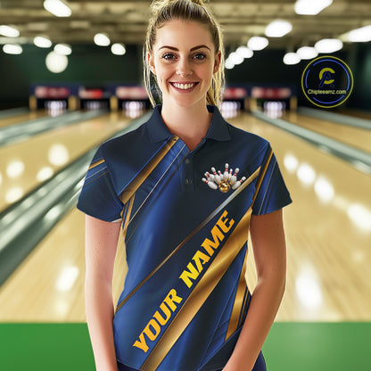 Custom Blue And Gold Stripes Women Bowling Polo Shirt, Golden Bowling Team Jerseys IPHW11610