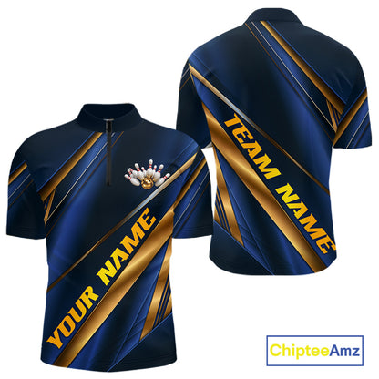 Custom Blue And Gold Stripes Men Bowling Quarter Zip Shirt, Golden Bowling Team Jerseys IPHW11610