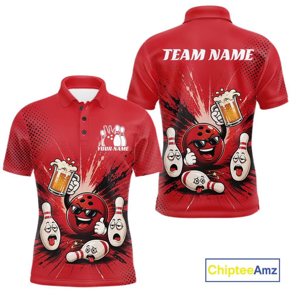 Custom Funny Beer Pitcher Bowling Men Polo Shirt, Red Bowling Party Shirt IPHW11853