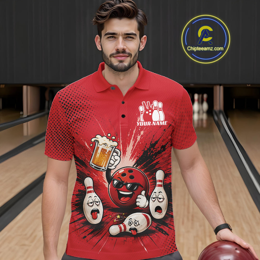 Custom Funny Beer Pitcher Bowling Men Polo Shirt, Red Bowling Party Shirt IPHW11853