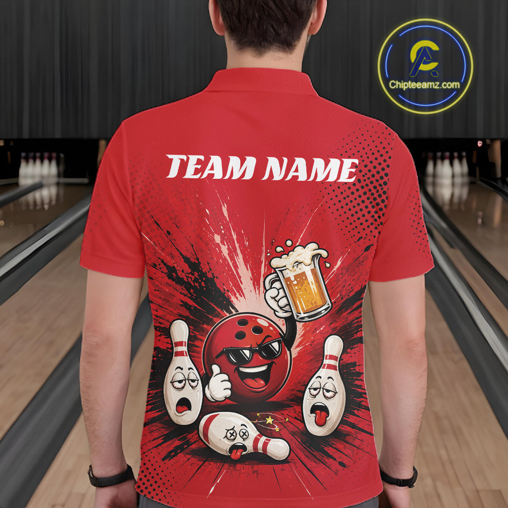 Custom Funny Beer Pitcher Bowling Men Polo Shirt, Red Bowling Party Shirt IPHW11853