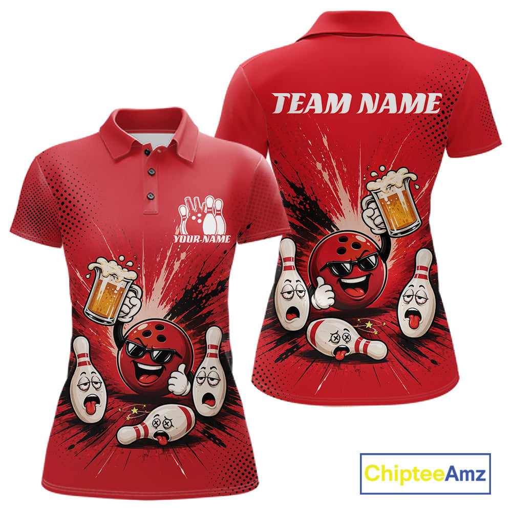 Custom Funny Beer Pitcher Bowling Women Polo Shirt, Red Bowling Party Shirt IPHW11853
