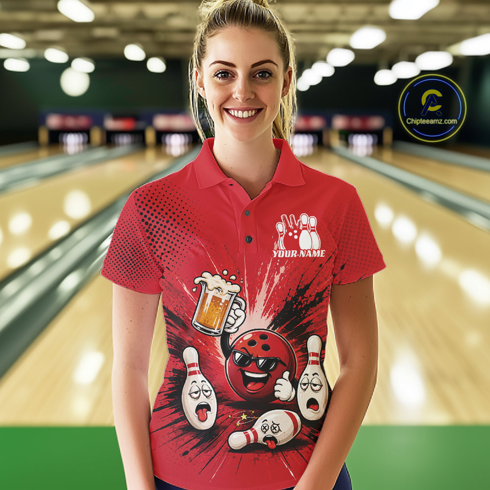 Custom Funny Beer Pitcher Bowling Women Polo Shirt, Red Bowling Party Shirt IPHW11853