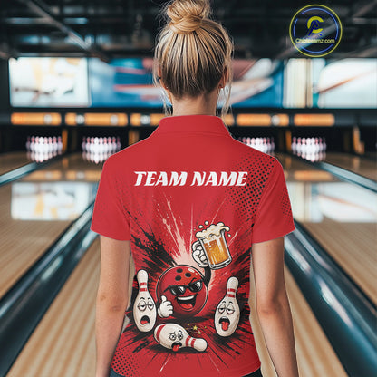 Custom Funny Beer Pitcher Bowling Women Polo Shirt, Red Bowling Party Shirt IPHW11853