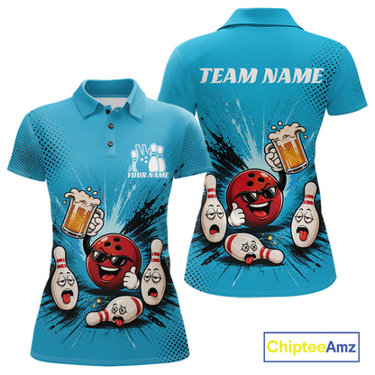 Custom Funny Beer Pitcher Bowling Women Polo Shirt, Blue Bowling Party Shirt IPHW11854