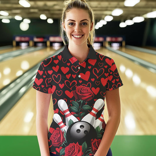 Black And Red Heart Theme Custom Valentines Bowling Polo Shirt For Women, Couple Bowling Shirt IPHW8356
