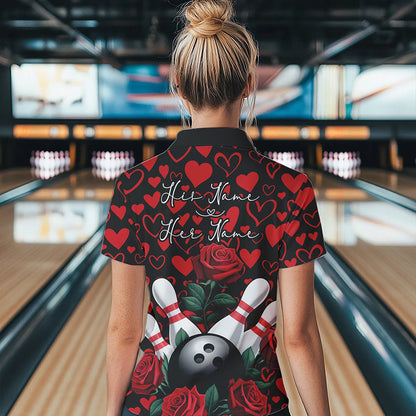 Black And Red Heart Custom Valentines Bowling Quarter-Zip Shirt For Women, Couple Bowling IPHW8356