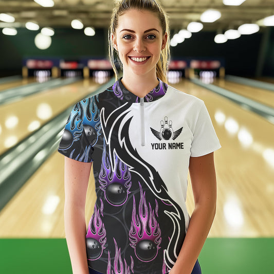 Pink Purple Blue Flame Ball Custom Bowling Women Quarter-Zip Shirts, Bowling League Shirt IPHW8864