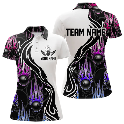 Blue Purple Pink Flame Ball Custom Bowling Team Women Polo Shirt, Fire Bowling League Shirt IPHW8866