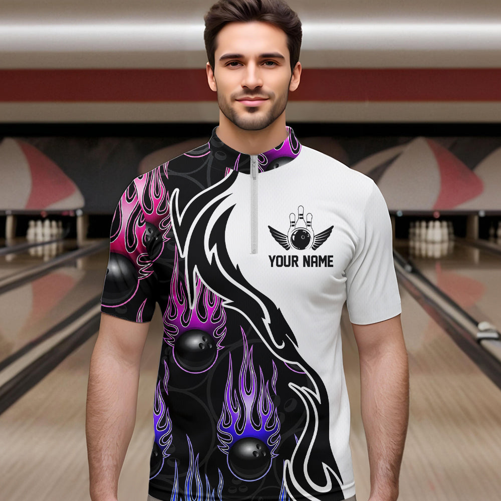 Blue Purple Pink Flame Ball Custom Bowling Team Men Quarter-Zip Shirts, Fire Bowling League Shirt IPHW8866