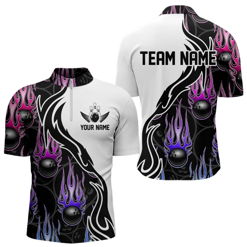 Blue Purple Pink Flame Ball Custom Bowling Team Men Quarter-Zip Shirts, Fire Bowling League Shirt IPHW8866