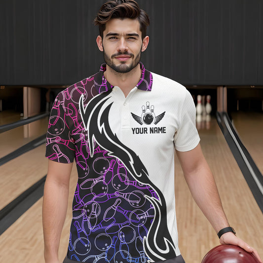 Blue Purple Pink Bowling Pattern Custom Bowling Team Men Polo Shirts, Bowling League Shirt IPHW8869