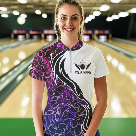 Blue Purple Pink Pattern Custom Bowling Team Women Quarter-Zip Shirts, Bowling League Shirt IPHW8869
