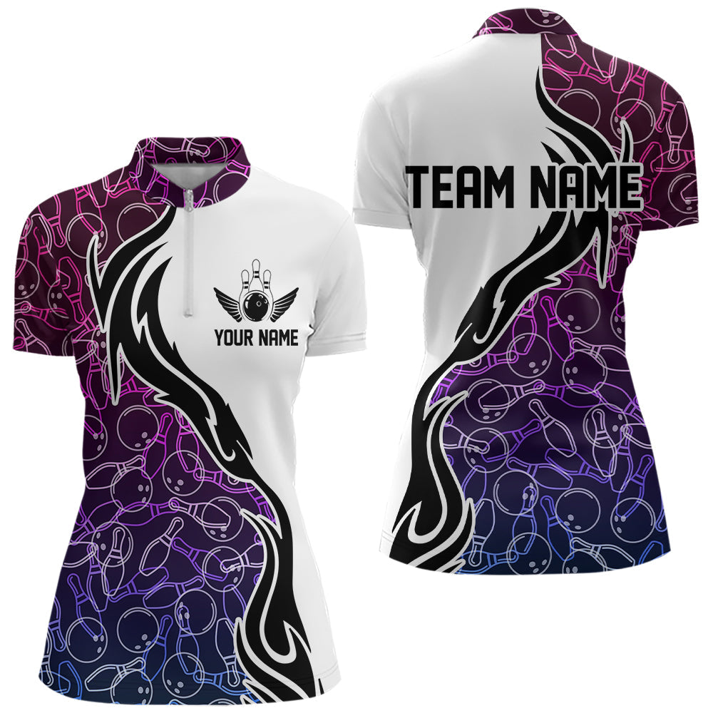 Blue Purple Pink Pattern Custom Bowling Team Women Quarter-Zip Shirts, Bowling League Shirt IPHW8869