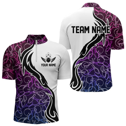 Blue Purple Pink Bowling Pattern Custom Bowling Team Men Quarter-Zip Shirts, Bowling League Shirt IPHW8869