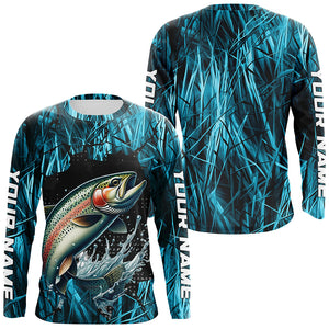 Rainbow Trout Fishing Custom Long Sleeve Tournament Shirts, Trout Fly Fishing Jerseys | Blue Camo IPHW6360