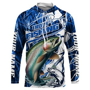 Custom Rainbow Trout Long Sleeve Performance Fishing Shirts, Trout Fly Fishing Jerseys | Blue Camo IPHW6365