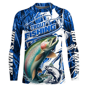 Custom Rainbow Trout Long Sleeve Performance Fishing Shirts, Trout Fly Fishing Jerseys | Blue Camo IPHW6365