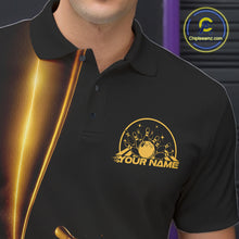 Load image into Gallery viewer, Close up left chest of bowling polo shirt, black fabric featuring golden bowling ball and pins emblem, detailed apparel branding perspective