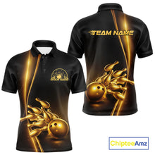 Load image into Gallery viewer, Front and back view mens bowling polo shirt mockup, black base with golden bowling ball and pins graphic, studio product presentation