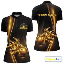 Load image into Gallery viewer, Front and back view of a womens bowling quarter-zip shirt mockup in black featuring a golden bowling ball and pins design with elegant sporty graphics.