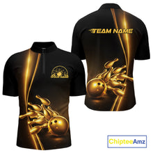 Load image into Gallery viewer, Front and back view of a mens black bowling quarter-zip shirt mockup showcasing golden bowling ball and pins design with elegant athletic graphics.