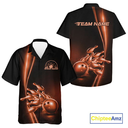 Front and back view button-up bowling shirt mockup, black base with orange bowling ball and pins graphic, minimal studio apparel presentation