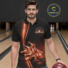 Load image into Gallery viewer, In bowling lane front view male model wearing bowling polo shirt, black base with orange bowling ball and pins graphic, energetic sports lighting