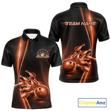 Load image into Gallery viewer, Front and back view mens bowling polo shirt mockup, black base with orange bowling ball and pins graphic, studio product presentation