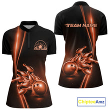 Load image into Gallery viewer, Front and back view of a womens black bowling quarter-zip shirt mockup featuring an orange bowling ball and pins design with modern athletic styling.
