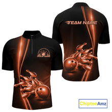 Load image into Gallery viewer, Front and back view of a mens black bowling quarter-zip shirt mockup featuring orange bowling ball and pins design with modern sporty styling.
