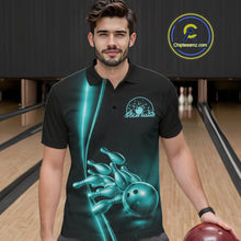Load image into Gallery viewer, In bowling lane front view male model wearing bowling polo shirt, black base with turquoise blue bowling ball and pins graphic, energetic sports lighting