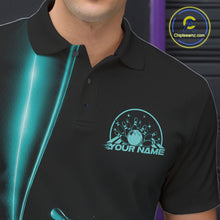 Load image into Gallery viewer, Close up of left chest area on bowling polo shirt, black fabric with turquoise blue bowling ball and pins emblem, detailed apparel branding view
