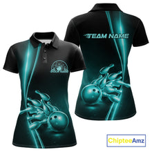 Load image into Gallery viewer, Front and back view of a womens black polo shirt mockup featuring a turquoise blue bowling ball and pins design with clean sporty graphics.